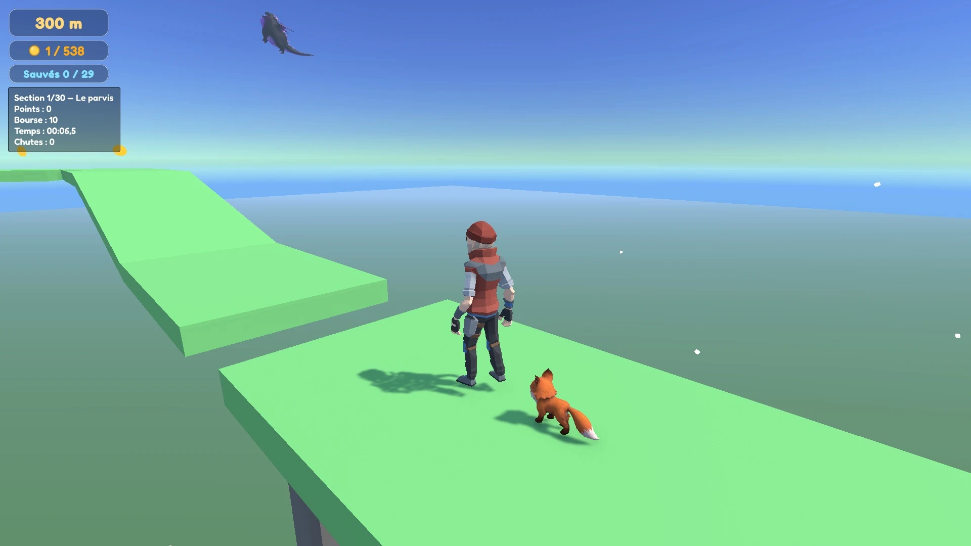 Un grimpeur et son renard sur un chemin vert suspendu