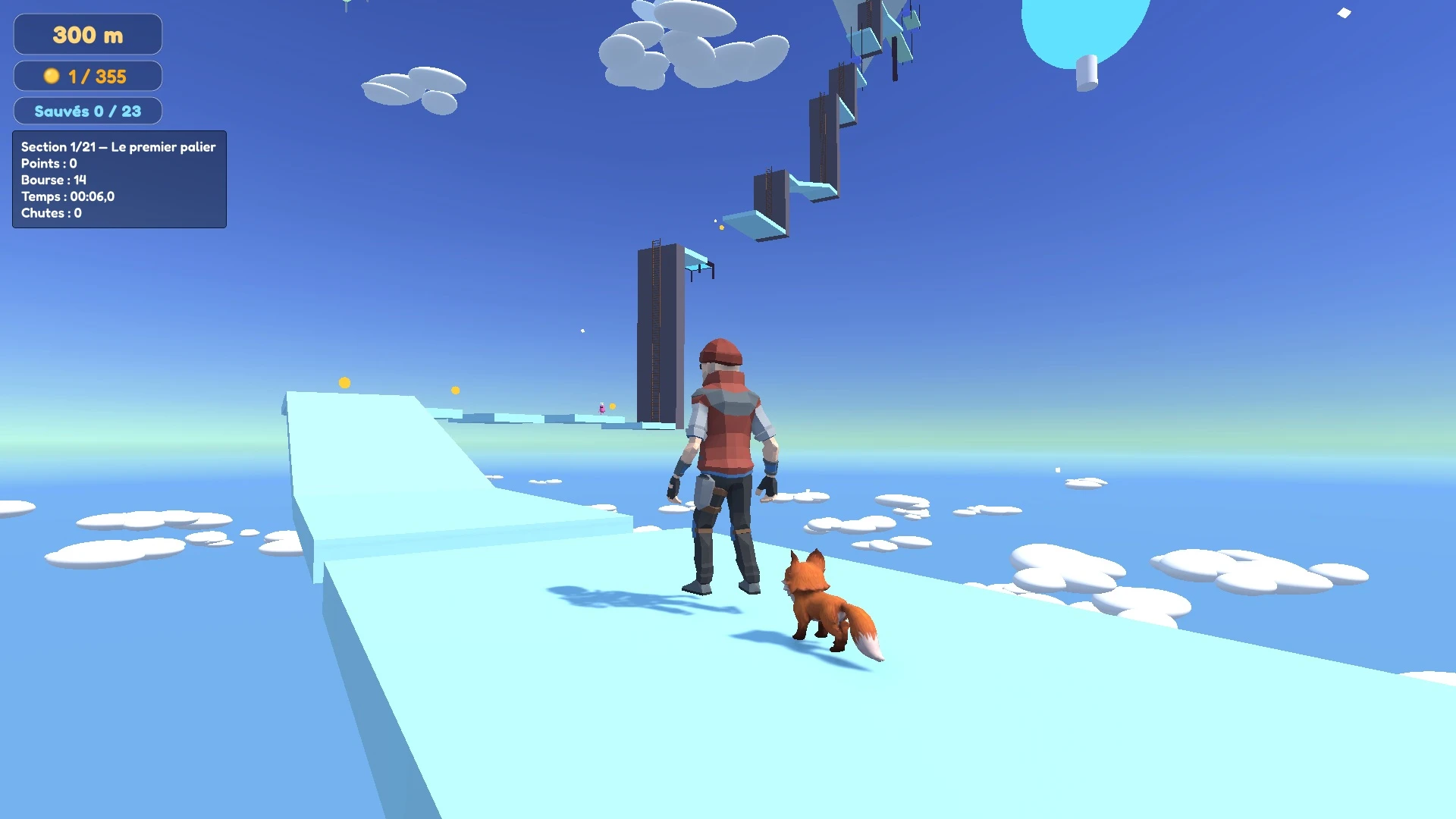 Un grimpeur et son renard face au ciel